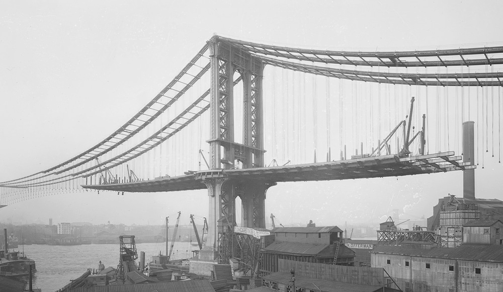 Manhattan Suspension Bridge under Construction as viewed from Brooklyn