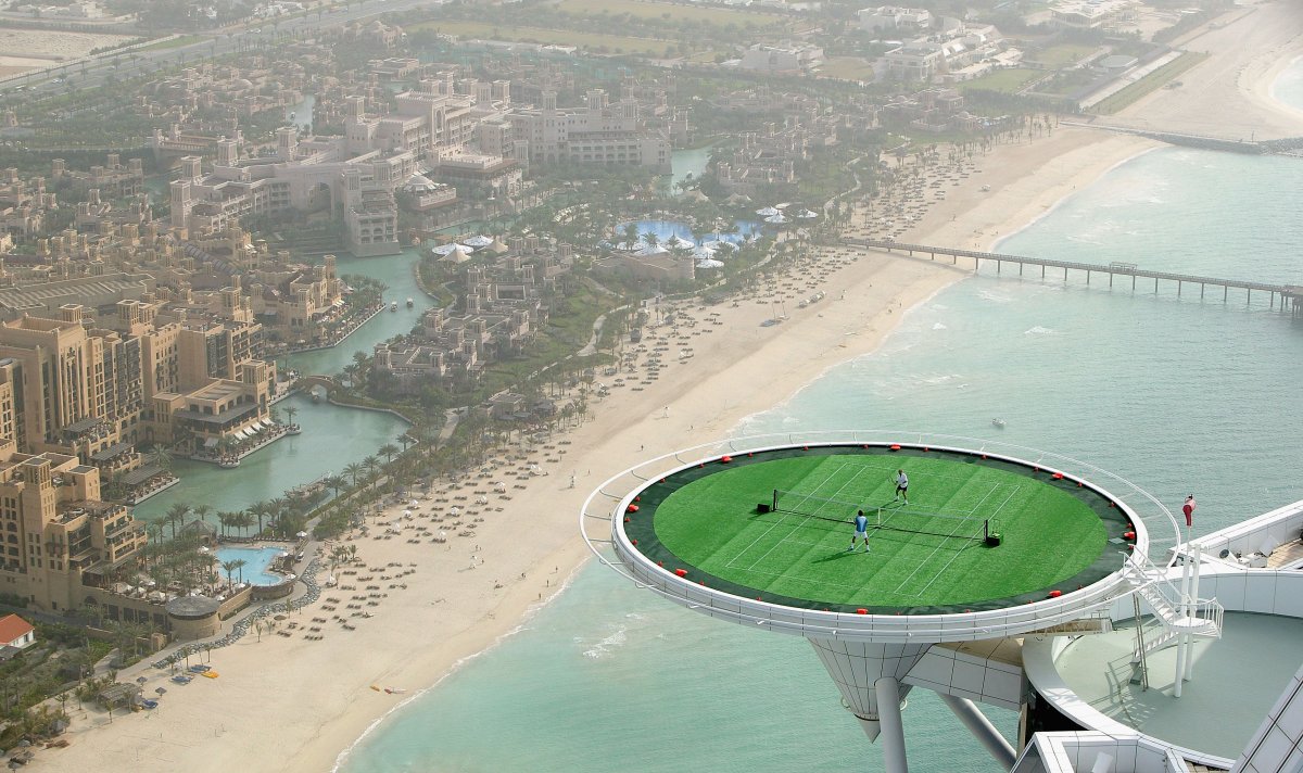 One of the hotel's main features is its heliport. It can be converted into a grass tennis court that, hanging off the side of the hotel 650 feet up, is the highest suspended tennis court in the world.