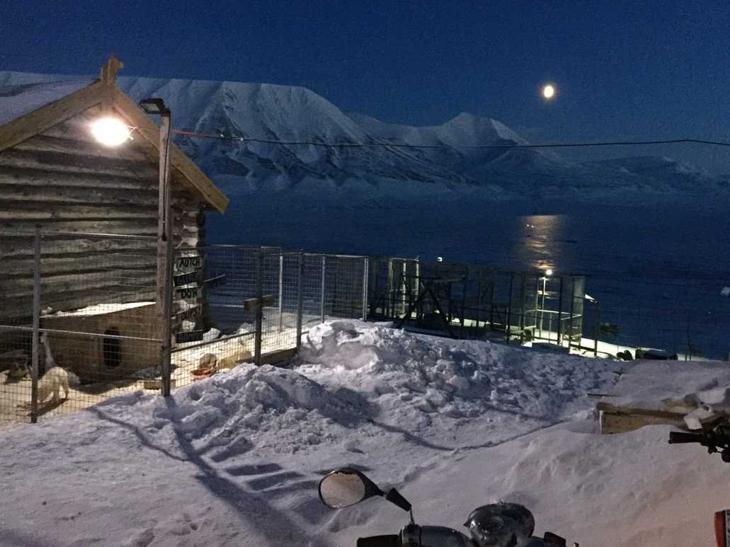 here is another dogsled base camp notice the moon reflecting off the frozen fjord
