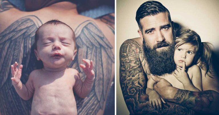 Εικόνες με φοβερούς μπαμπάδες με τατουάζ αγκαλιά με τα μωρά τους