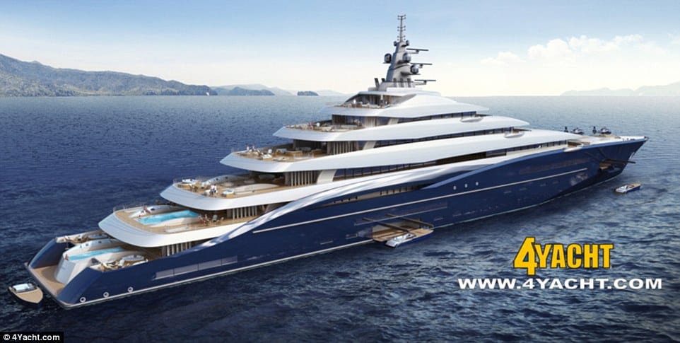 Oh buoy: This is Double Century, a 'gigayacht' costing £500million that has nine decks and will rise 88 feet above the water
