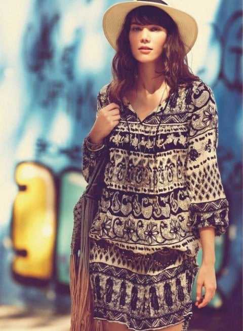 black beige printed bohemian summer dress 2015