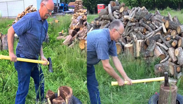 Χρησιμοποιεί λάστιχα αυτοκινήτου για να κόψει ξύλα!