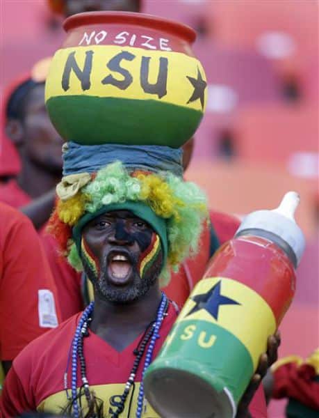 A Ghana supporter cheers ahead of the start of the African Cup of Nations Group B soccer match between Ghana and Mali at Nelson Mandela Bay Stadium in Port Elizabeth, South Africa, Thursday, Jan. 24, 2013. (AP Photo/Rebecca Blackwell)