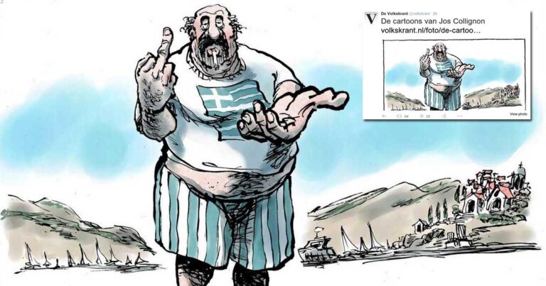 To προσβλητικό σκίτσο με τον Έλληνα που ψήφισε «Οχι» στον ολλανδικό Τύπο.