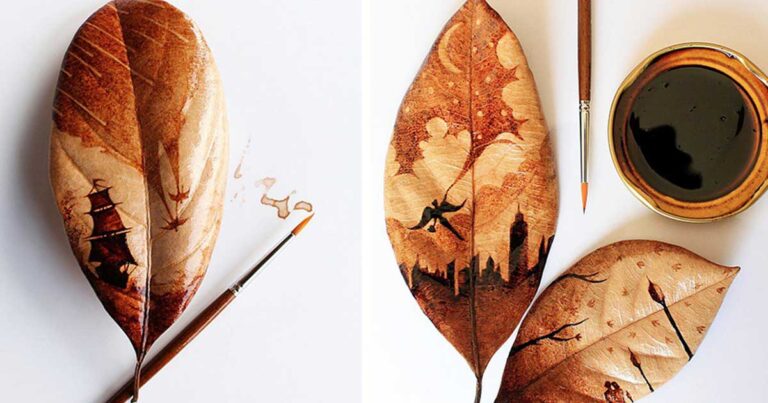 Εντυπωσιακή τέχνη από καφέ πάνω σε φύλλα