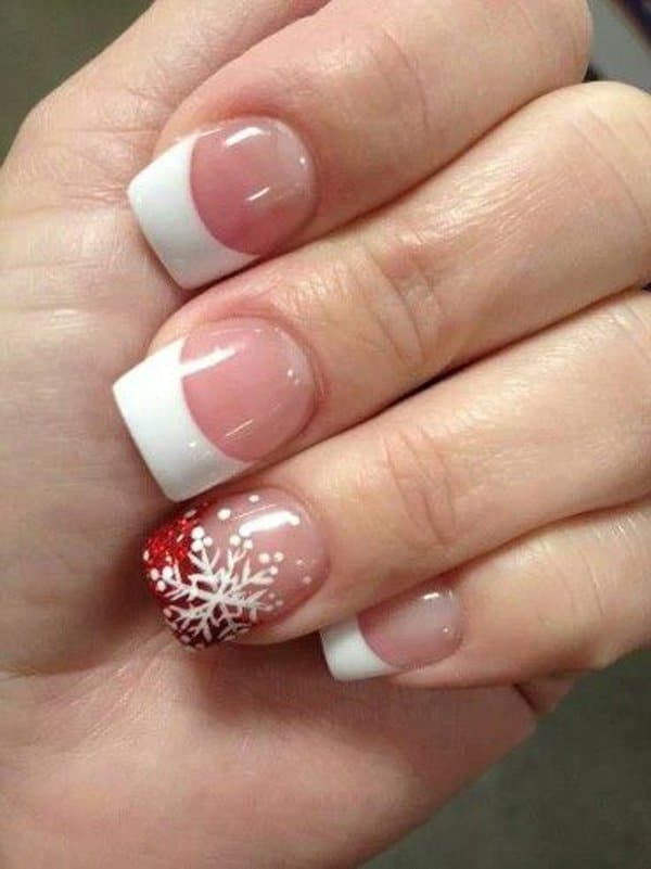 32-French-Manicure-with-red-snowflake-nail