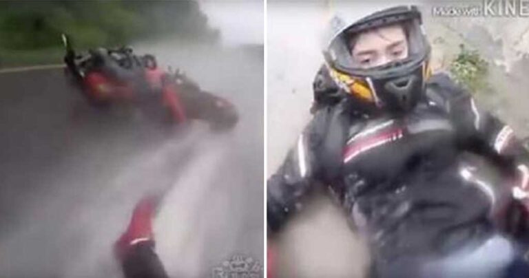 Μοτοσικλετιστής γλιστράει με την μηχανή του και προστατεύει την φίλη του