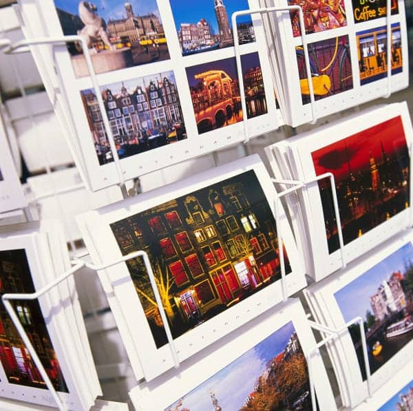 Postcards in a rack