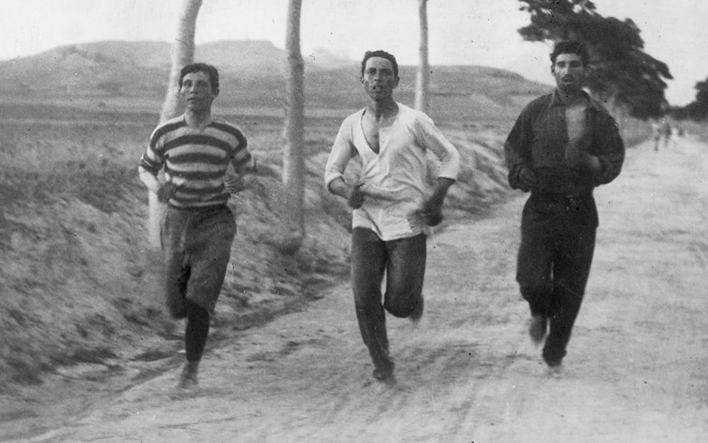 1896:  Three athletes in training for the marathon at the Olympic Games in Athens.  (Photo by Burton Holmes/Henry Guttmann/Getty Images)