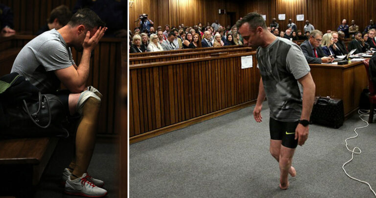 Σκληρές φωτογραφίες του Πιστόριους να βηματίζει στα ακρωτηριασμένα πόδια του στο δικαστήριο.