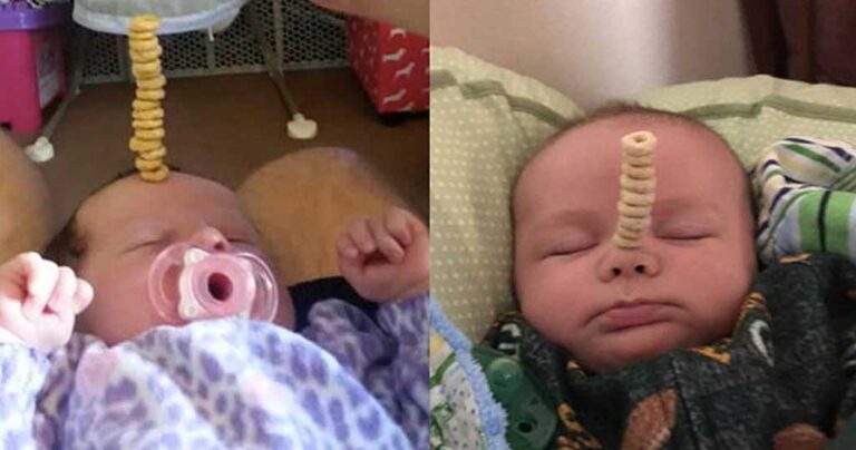 Μπαμπάδες διαγωνίζονται για το ποιος θα τοποθετήσει περισσότερα Cheerios στο πρόσωπο των μωρών τους.