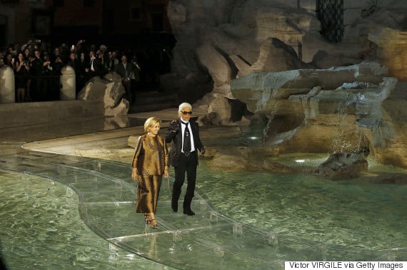 ROME, ITALY - JULY 07: Designer Silvia Venturini Fendi and designer Karl Lagerfeld walk the runway at the Fendi Roma 90 Years Anniversary fashion show at the Fontana di Trevi on July 7, 2016 in Rome, Italy. (Photo by Victor VIRGILE/Gamma-Rapho via Getty Images)