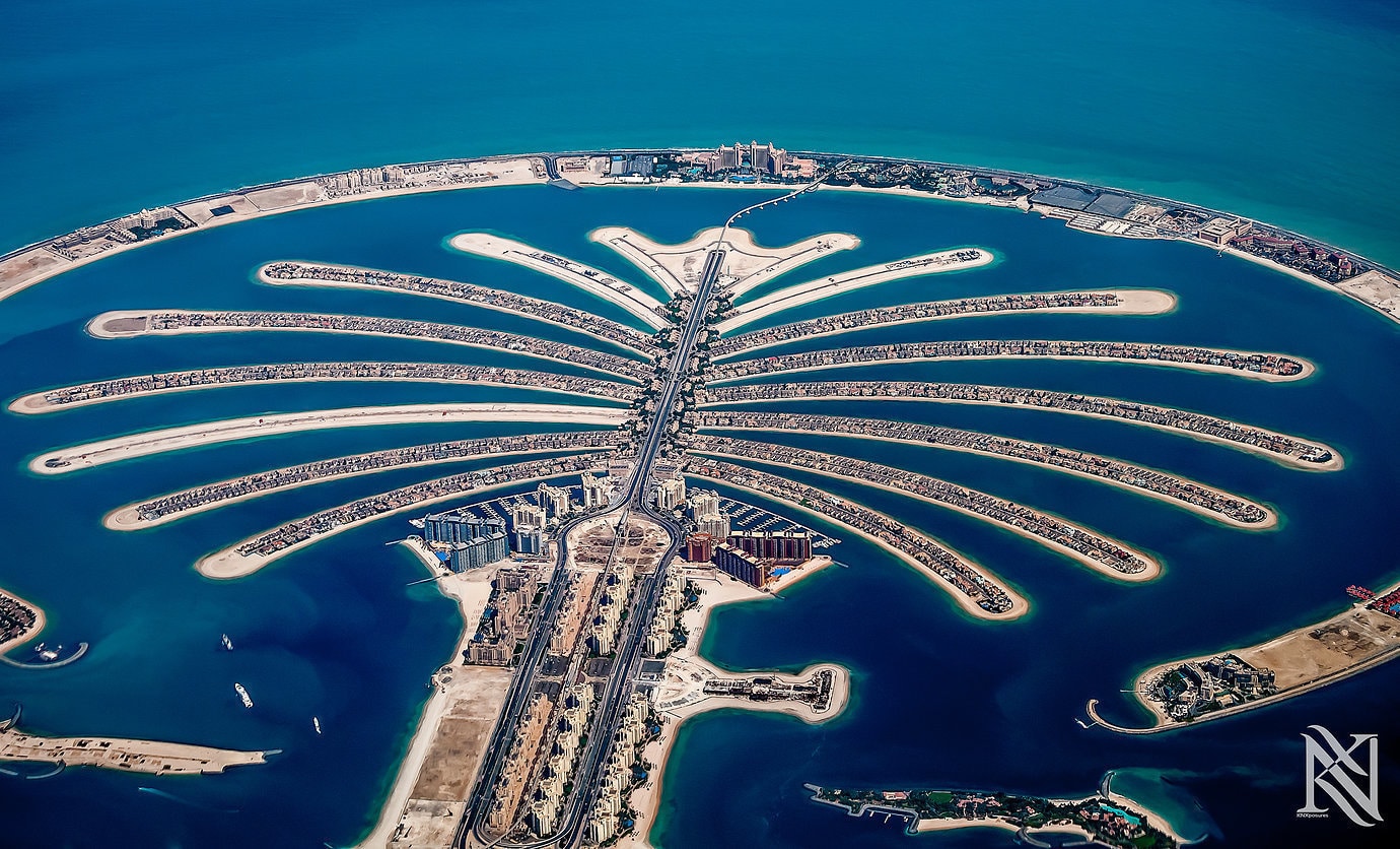 A view of the artificial island, Palm Jumeirah, in Dubai shot from the flight deck.
