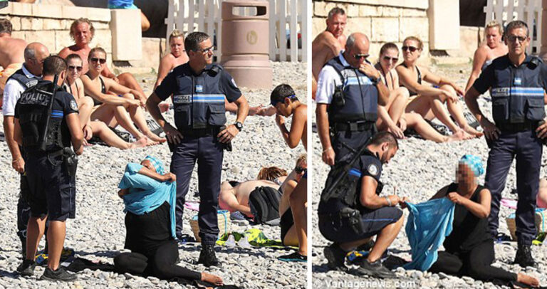 Η γαλλική αστυνομία αναγκάζει μουσουλμάνα στην παραλία να βγάλει το μπουρκίνι.