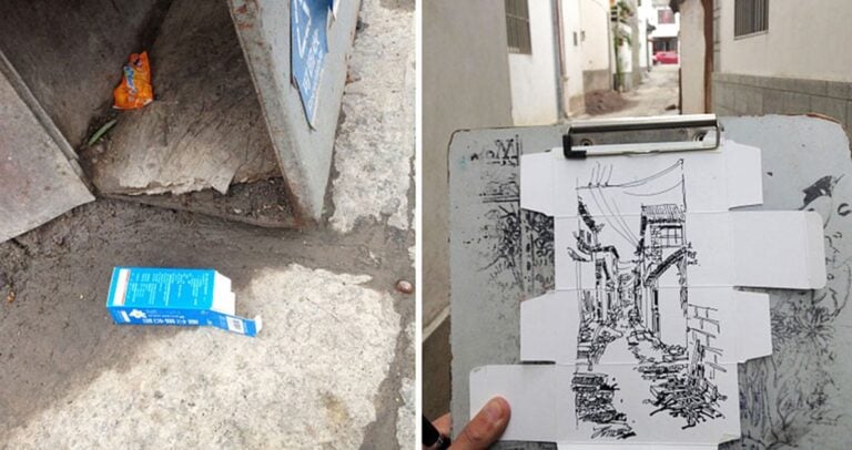 Ζωγραφίζει πάνω στα σκουπίδια που βρίσκει στο δρόμο και τα αφήνει στο ίδιο μέρος για να τα δουν.