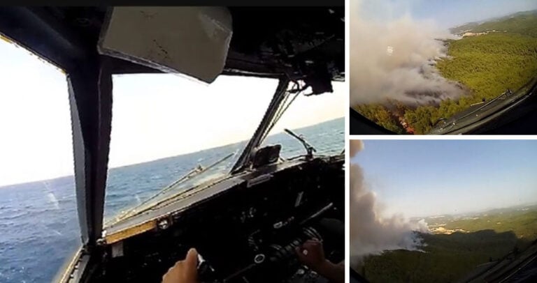 Σπάνιο βίντεο μέσα από το πιλοτήριο Καναντέρ που «βουτά» στις φλόγες στην Εύβοια.
