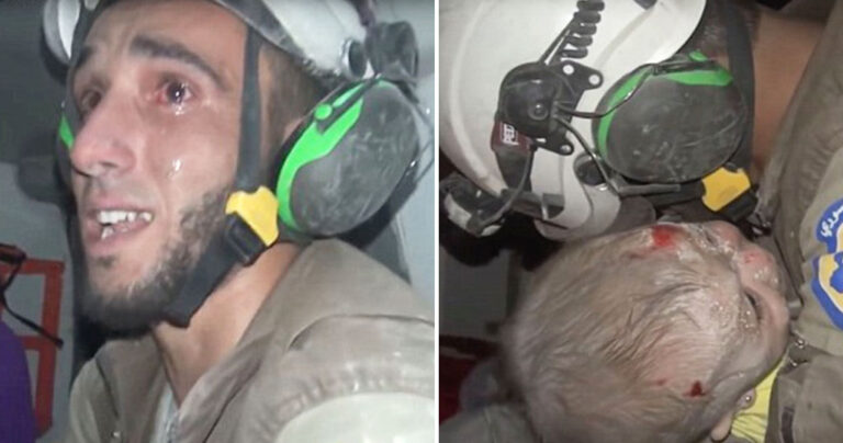 Διασώστης απεγκλωβίζει ζωντανό βρέφος από ερείπια στη Συρία και ξεσπά σε λυγμούς.