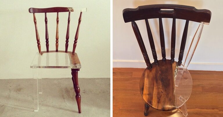 Καλλιτέχνης διορθώνει σπασμένα έπιπλα με διαφανή υλικά.