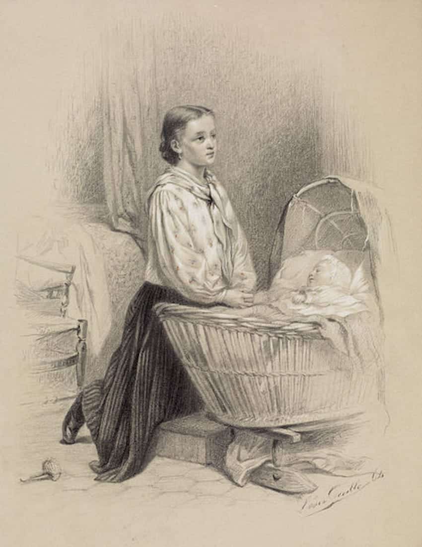 463px-l%c3%a9on-emile_caille_-_young_woman_praying_beside_babys_cradle_-_walters_371402-850x1101