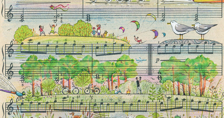 Καλλιτέχνες ζωγραφίζουν πολύχρωμα σχέδια πάνω σε παρτιτούρες.