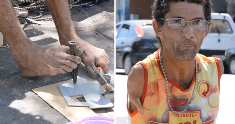 Άντρας χωρίς χέρια κατασκευάζει με τα πόδια του αυτοκινητάκια-παιχνίδια για παιδιά