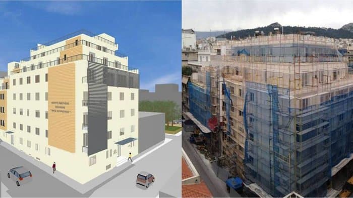 Αριστερά μακέτα και δεξιά η όψη του κτιρίου την περίοδο της ανακατασκευής του