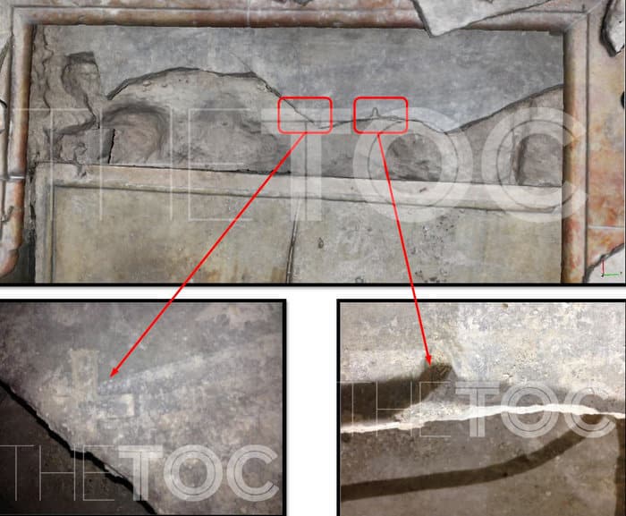 Το εσωτερικό του Πανάγιου Τάφου, ο χαραγμένος σταυρός και η πλάκα από ασβεστόλιθο