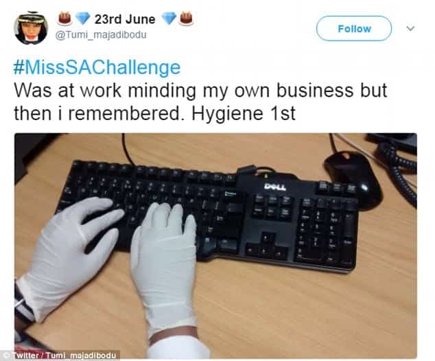 Her explanation that the gloves were worn for 'hygiene reasons' led to parodies being created on Twitter, such as this user donning latex gloves to use a keyboard