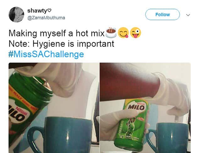One Twitter user even pictured themselves wearing latex gloves to make a hot drink in another dig at Miss South Africa