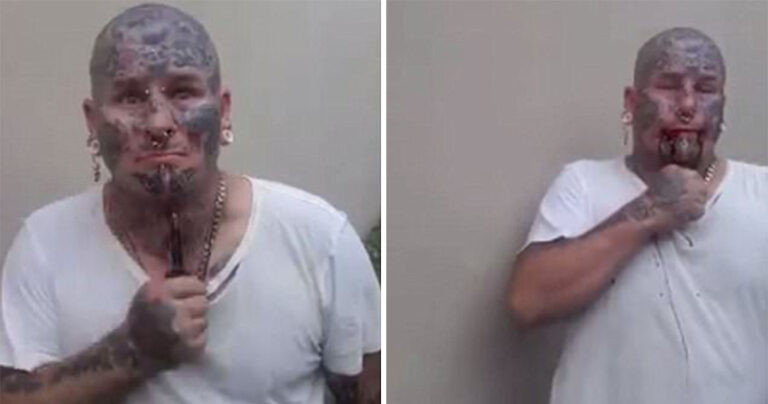 Η στιγμή που άντρας με τατουάζ στο πρόσωπο μαχαιρώνει τον εαυτό του μέσα στη φυλακή