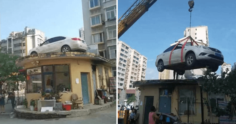 Γυναίκα στην Κίνα πάρκαρε παράνομα και άντρας της ανέβασε το αμάξι με γερανό σε ταράτσα