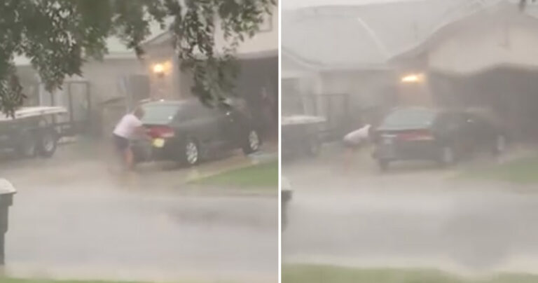 Γυναίκα πλένει το αυτοκίνητο της ενώ ο τυφώνας Ίρμα λυσσομανάει