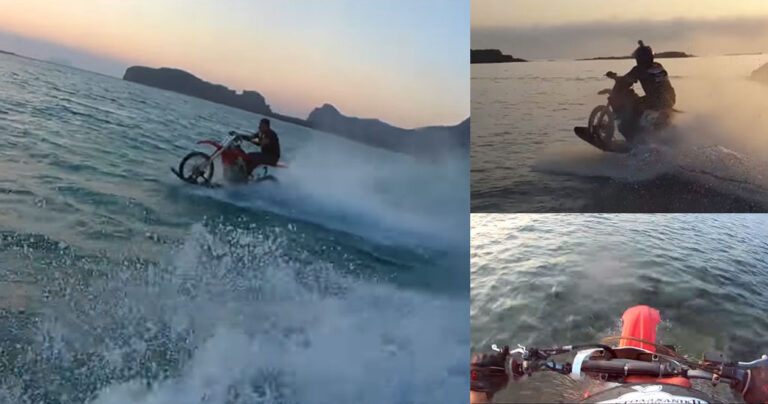 Χανιώτης κάνει σερφ με τη μηχανή του μέσα στη θάλασσα