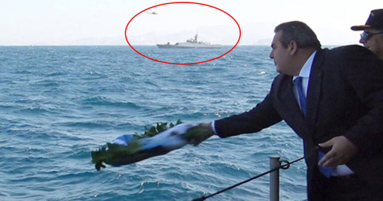 Ο Καμμένος έριξε στεφάνι στα Ίμια για τους νεκρούς ήρωες με τους Τούρκους στο βάθος