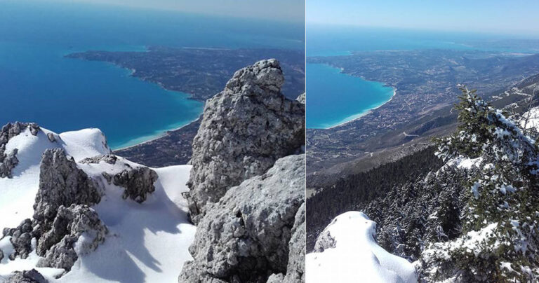 Χιόνισε στην Κεφαλονιά και το σκηνικό θάλασσας και χιονιού είναι μαγικό