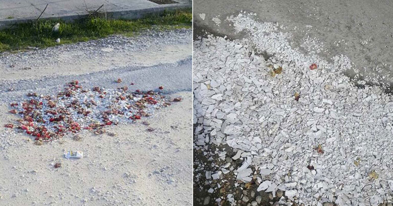 Λάρισα: Γέμισαν λακκούβες σε δρόμο με σπασμένα πιάτα και γαρύφαλλα από μπουζουξίδικο