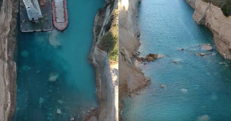 Η κατολίσθηση του Ισθμού της Κορίνθου σε βίντεο από ψηλά