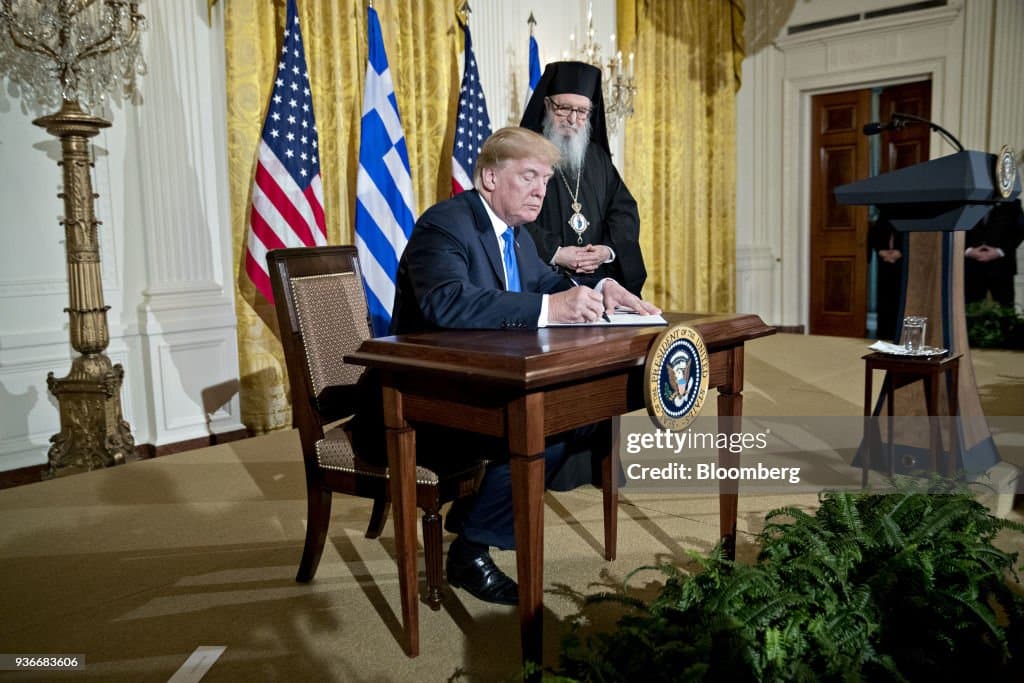 president donald trump signs a greek independence day proclamation picture id936683606