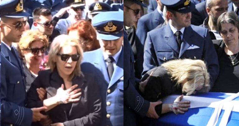 Η χήρα του ήρωα σμηναγού Μπαλταδώρου ψάλλει πάνω από το φέρετρο τον Εθνικό Ύμνο