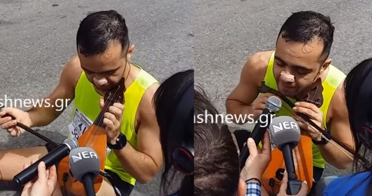 Δρομέας παίζει λίρα και τραγουδάει στη μνήμη του Μπαλταδώρου στον τερματισμό