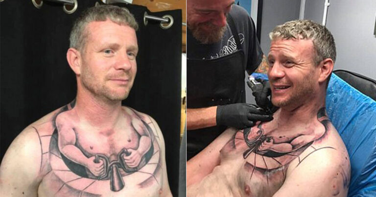 Φορτηγατζής έκανε τατουάζ που δείχνει έναν μικρό άνθρωπο να οδηγεί το σώμα του