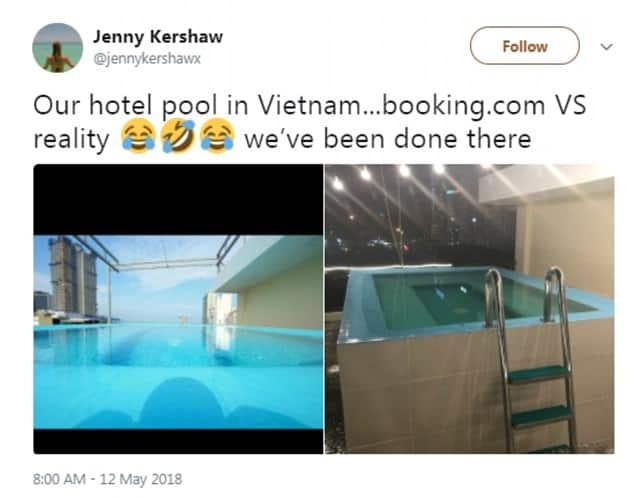 Whoops!Â Jenny Kershaw from Manchester, England, took to Twitter over the weekend to share the misleading image of a hotel 'pool' featured on Booking.com alongside her own picture