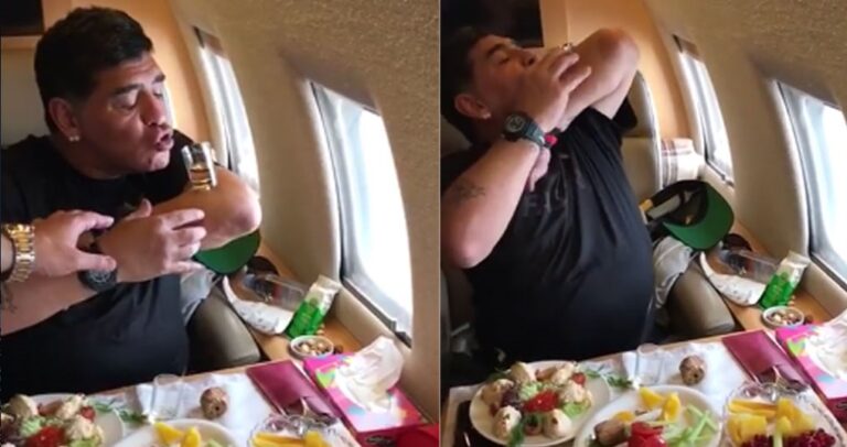 O Μαραντόνα μεθισμένος πίνει σφηνάκι με το μπράτσο του μέσα στο τζετ του