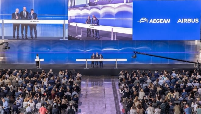 Γενική άποψη από την εκδήλωση για την υπογραφή της συμφωνίας της AEGEAN με την Airbus