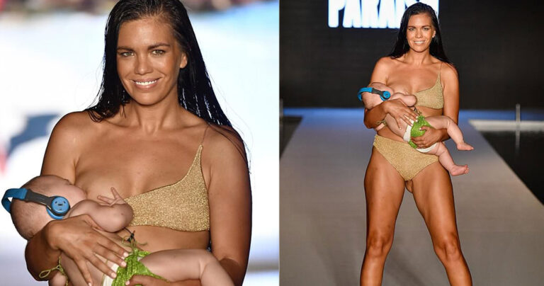 Μοντέλο εμφανίστηκε στην πασαρέλα με μαγιό θηλάζοντας το μωρό της