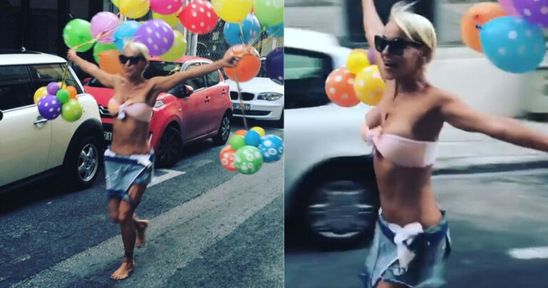 Η Νατάσα Καλογρίδη τρέχει ξυπόλητη στους δρόμους κρατώντας μπαλόνια