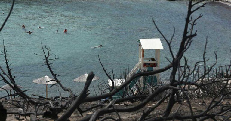 Λουόμενοι κάνουν το μπάνιο τους στο λιμανάκι της Ραφήνας γύρω από τα καμένα