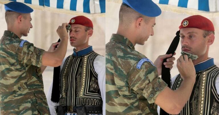 Τσολιάς στέκεται ακίνητος στο Σύνταγμα χωρίς νερό μέσα στον καύσωνα