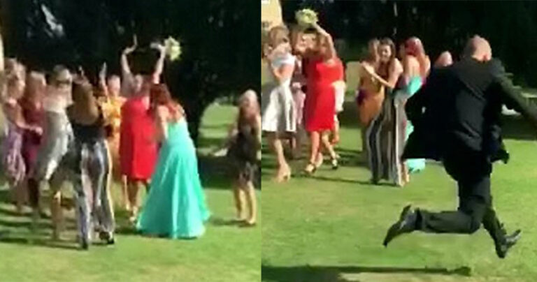 Άντρας άρχισε να «τρέχει για να σωθεί» όταν η κοπέλα του έπιασε την ανθοδέσμη σε έναν γάμο